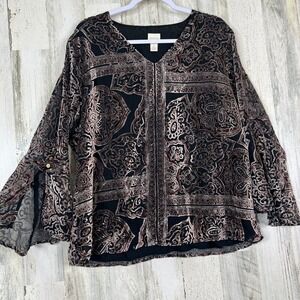 Chicos Velvet Blouse Women's Large Black Bell Sleeve Top Luxe Boho Evening Chic